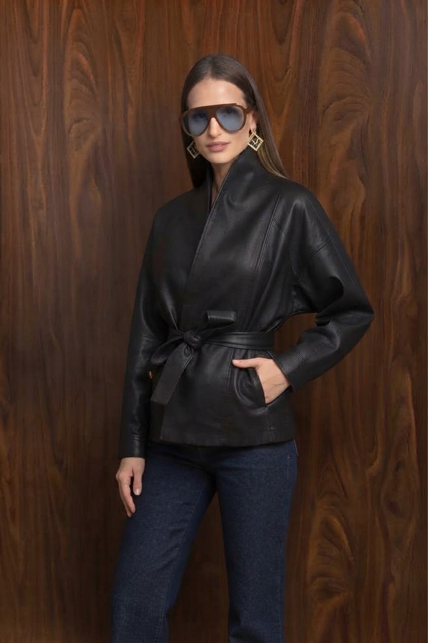 IMG_5832 Μπουφάν eco leather με ζώνη μαύρο - Image 1